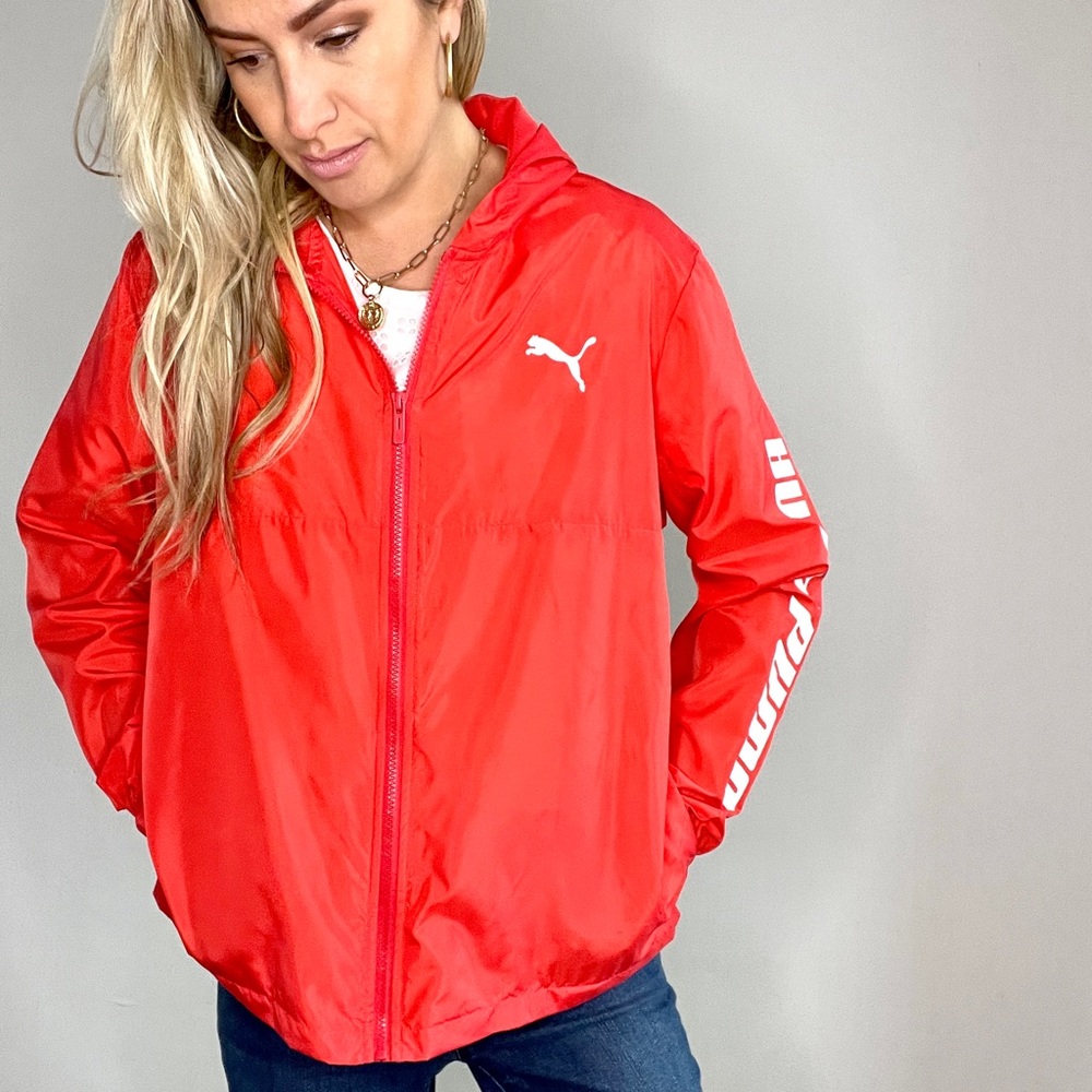 Puma Red Full Zip Hooded Windbreaker with Spell Out Puma on Sleeve Size Large